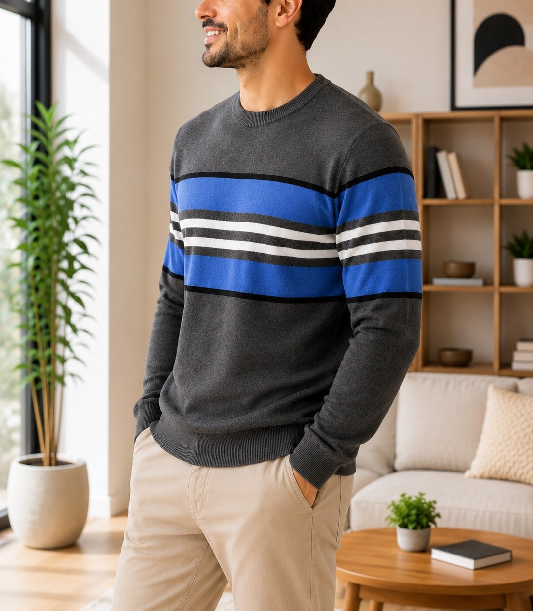 Men's Charcoal And Blue Stripe Knit Jersey - StylePhase SA