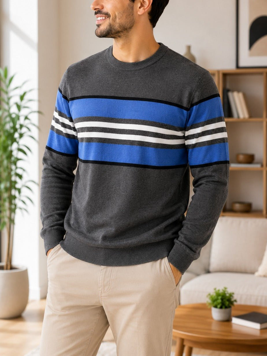 Men's Charcoal And Blue Stripe Knit Jersey - StylePhase SA