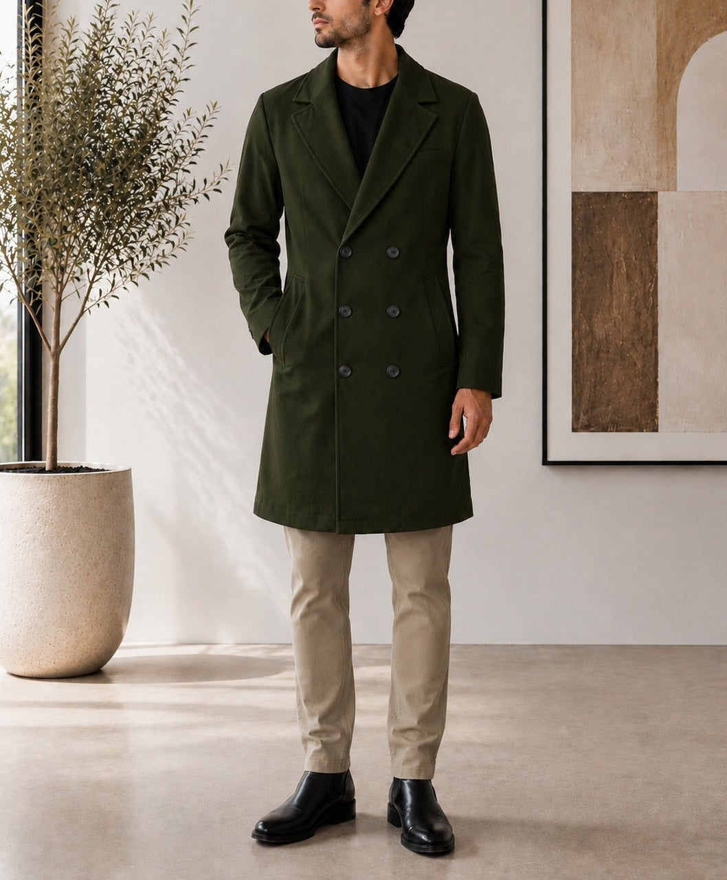 Men's Dark Green Double Breasted Melton Coat - StylePhase SA