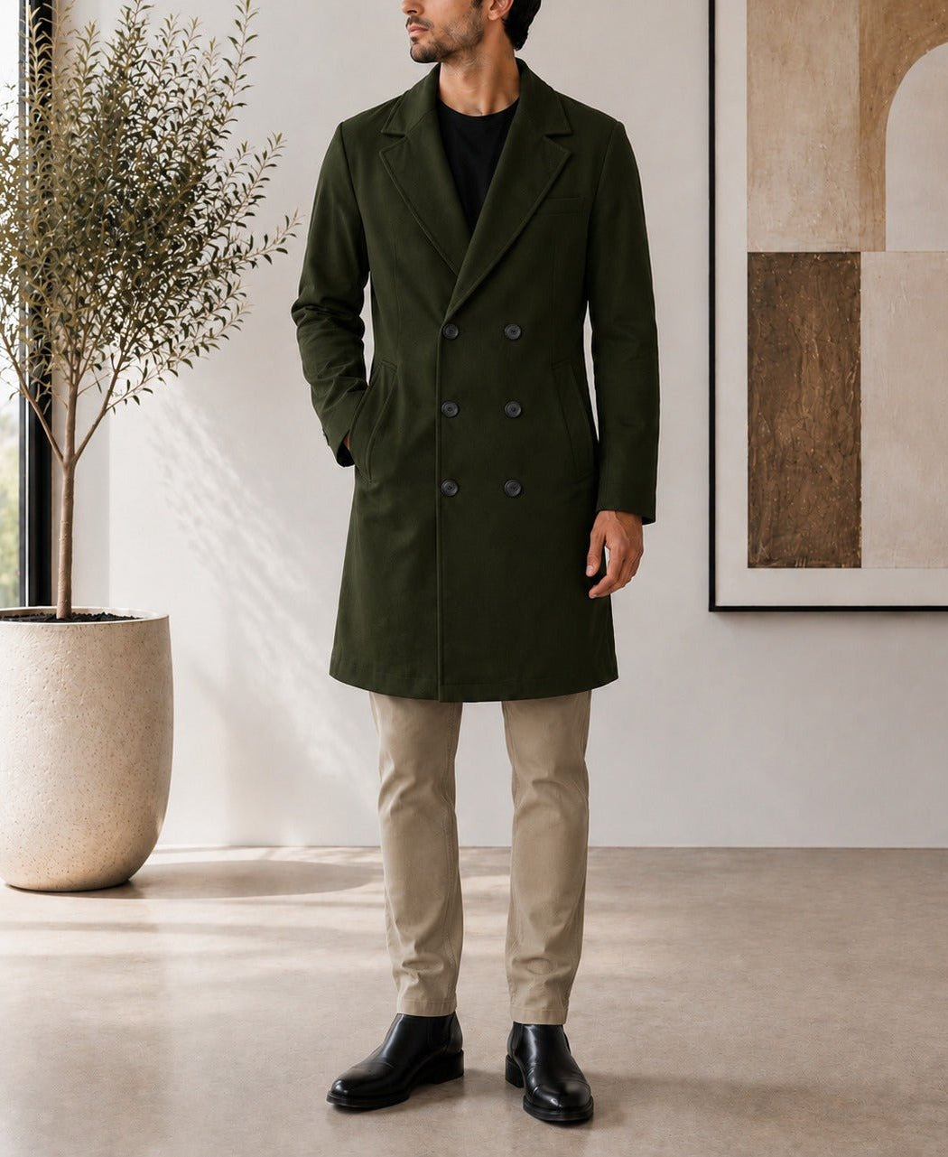 Men's Dark Green Double Breasted Melton Coat - StylePhase SA
