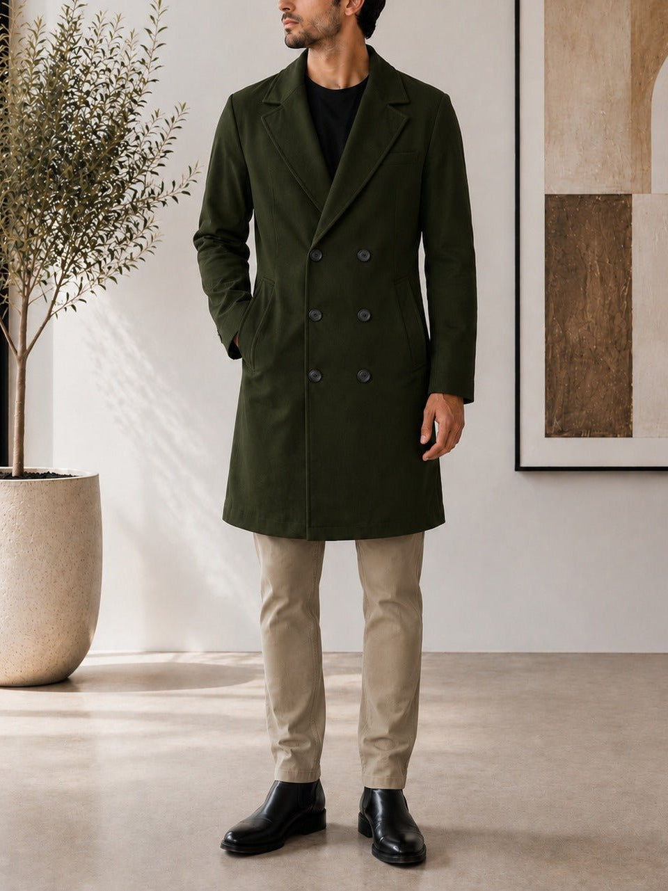 Men's Dark Green Double Breasted Melton Coat - StylePhase SA