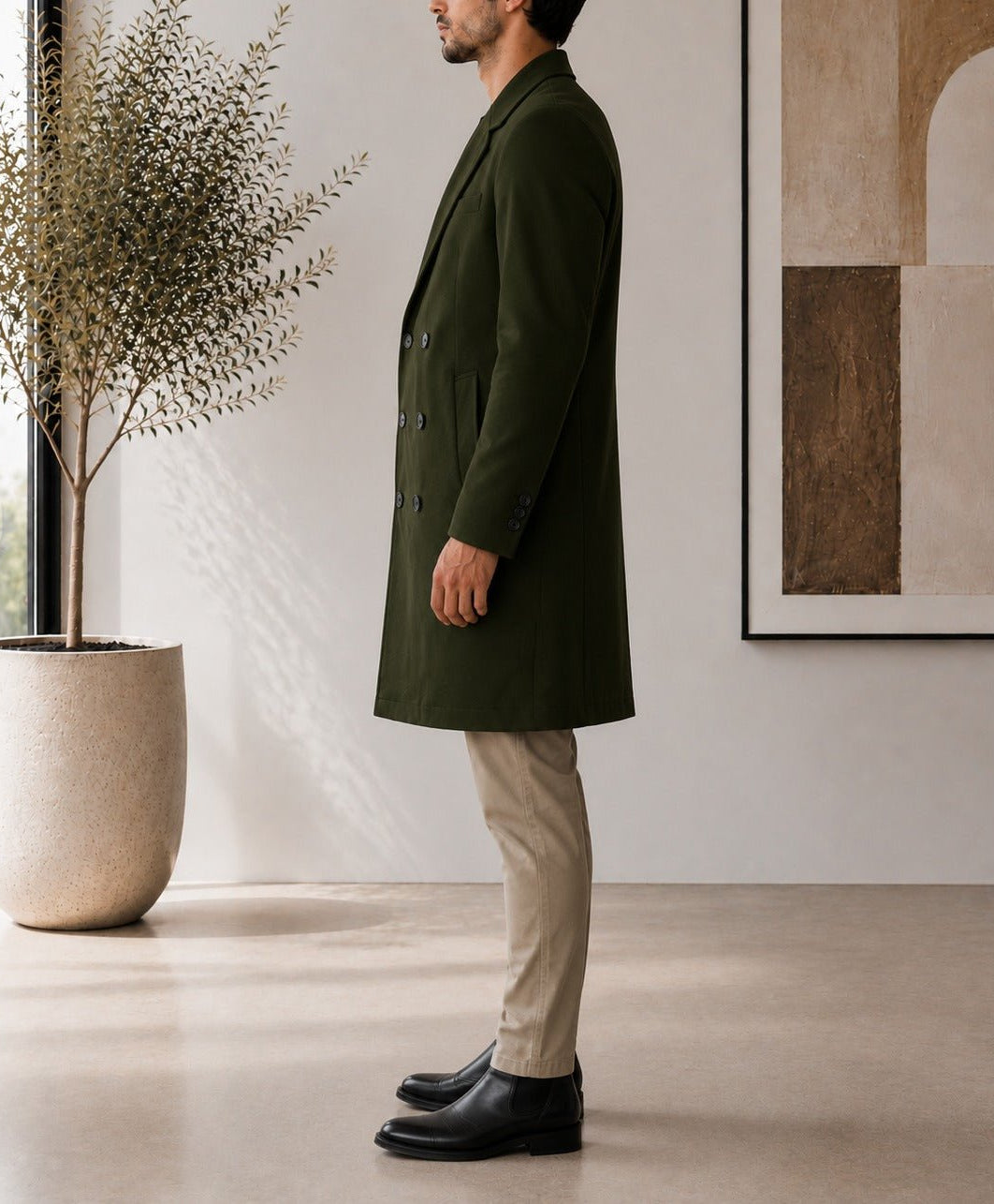 Men's Dark Green Double Breasted Melton Coat - StylePhase SA