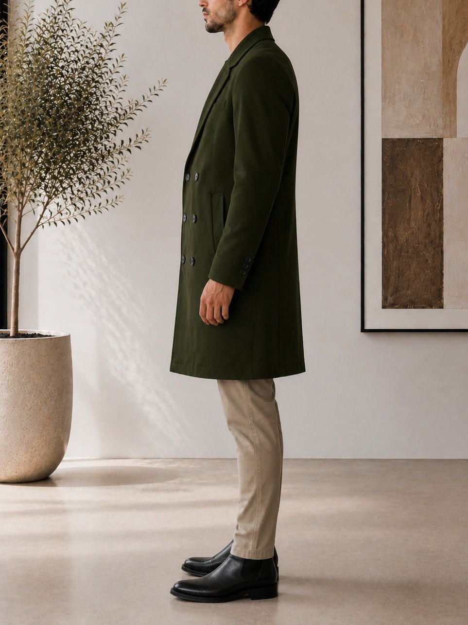 Men's Dark Green Double Breasted Melton Coat - StylePhase SA