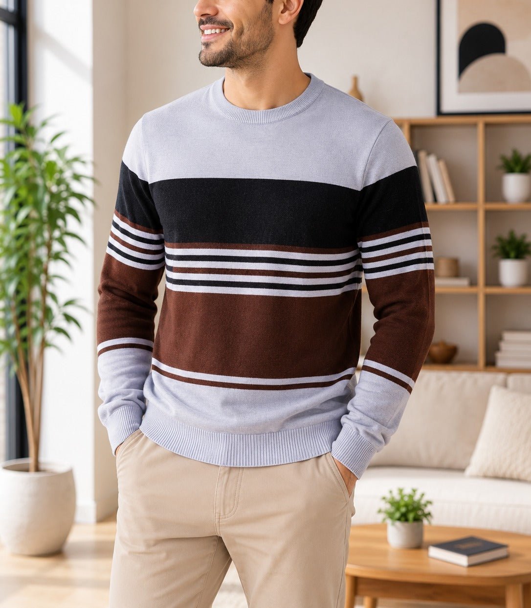 Men's Grey And Brown Stripe Knit Jersey - StylePhase SA