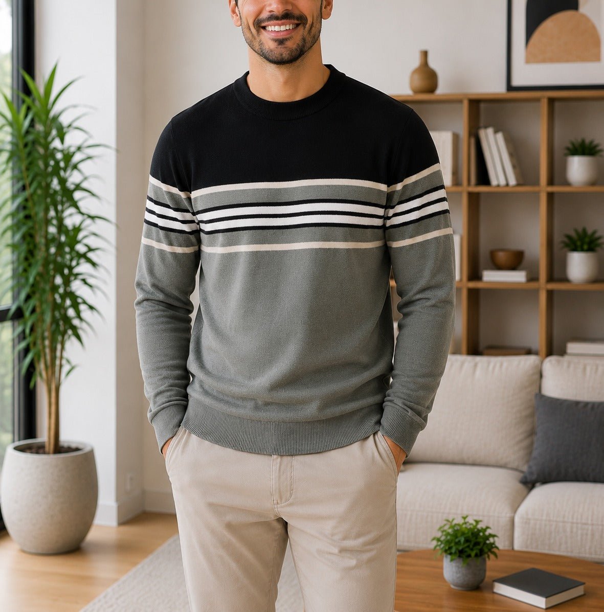 Men's Grey And Sage Stripe Neck Knit Sweater - StylePhase SA