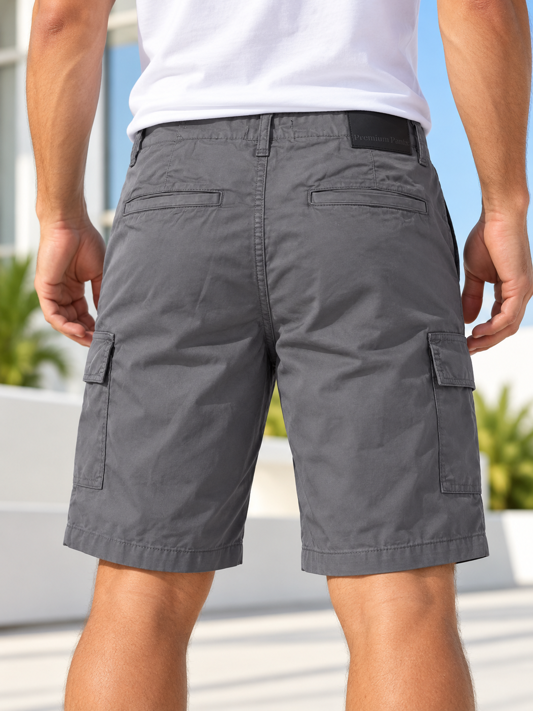 Men's grey cargo shorts back view