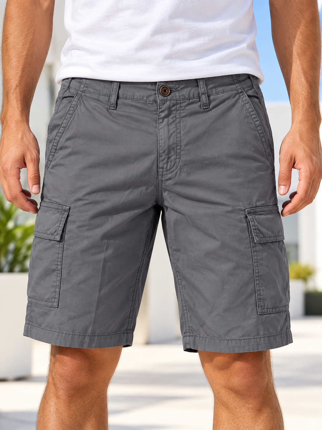 Men's grey cargo shorts front view