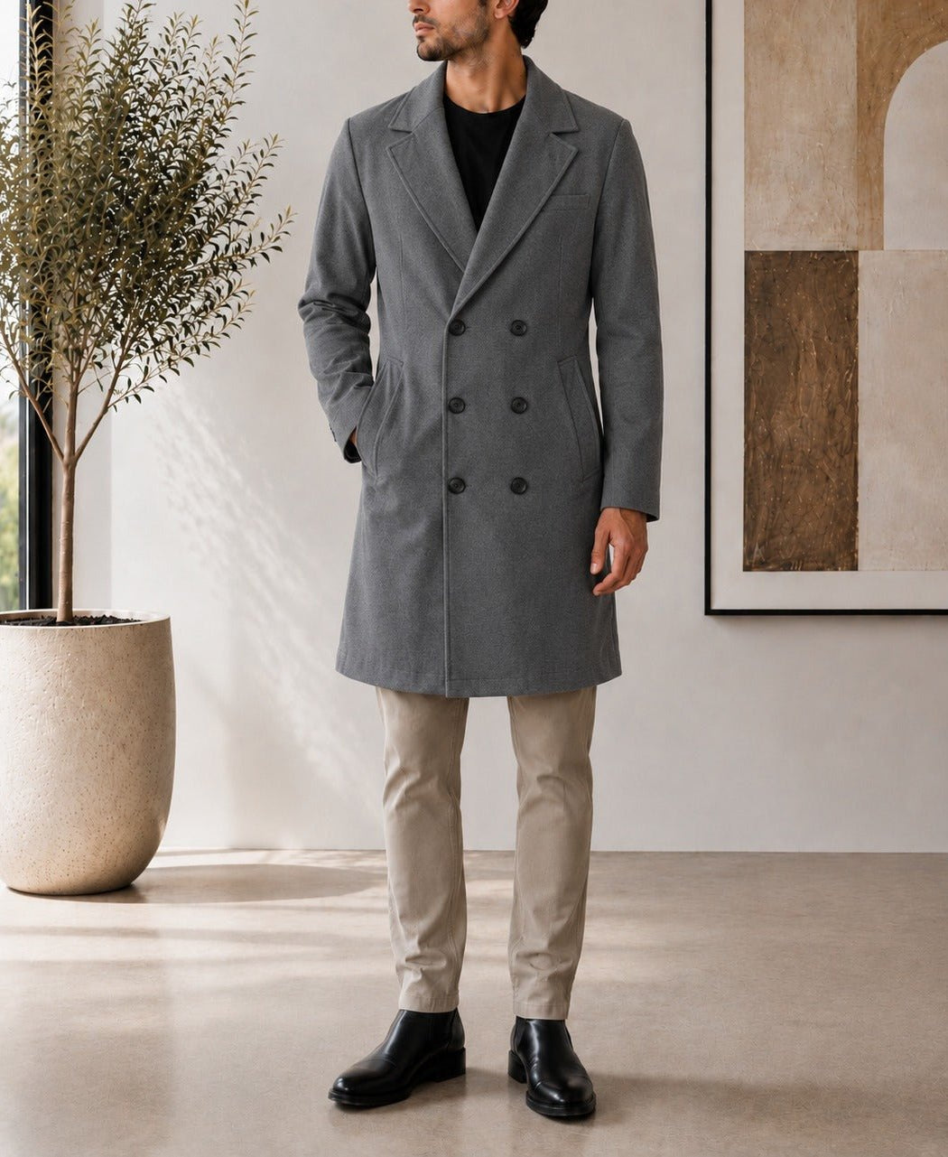 Men's Grey Double Breasted Melton Coat - StylePhase SA