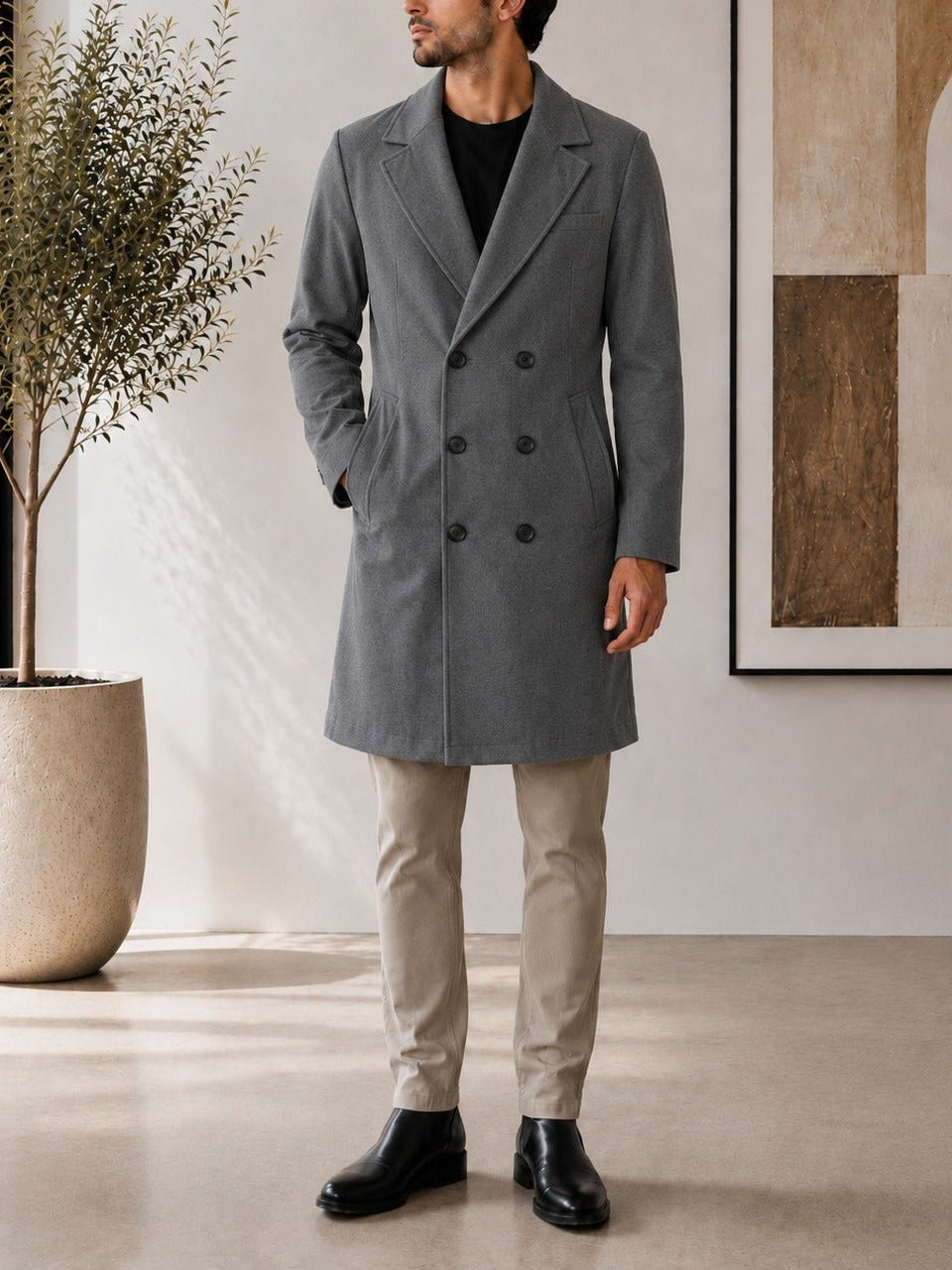Men's Grey Double Breasted Melton Coat - StylePhase SA