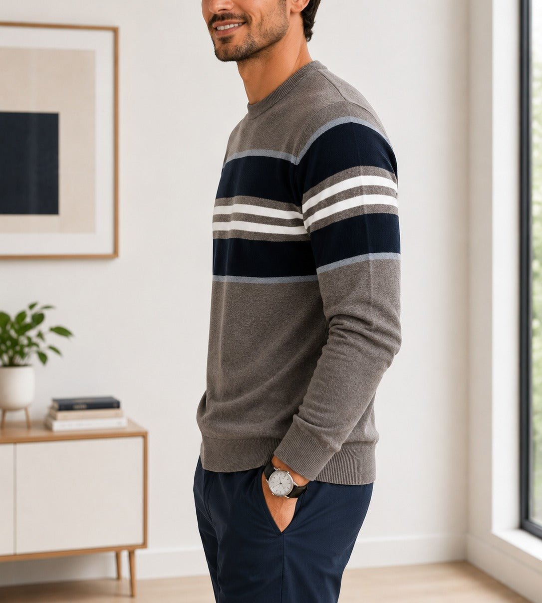Men's Grey Navy Colour Block Stripe Knit Jersey - StylePhase SA