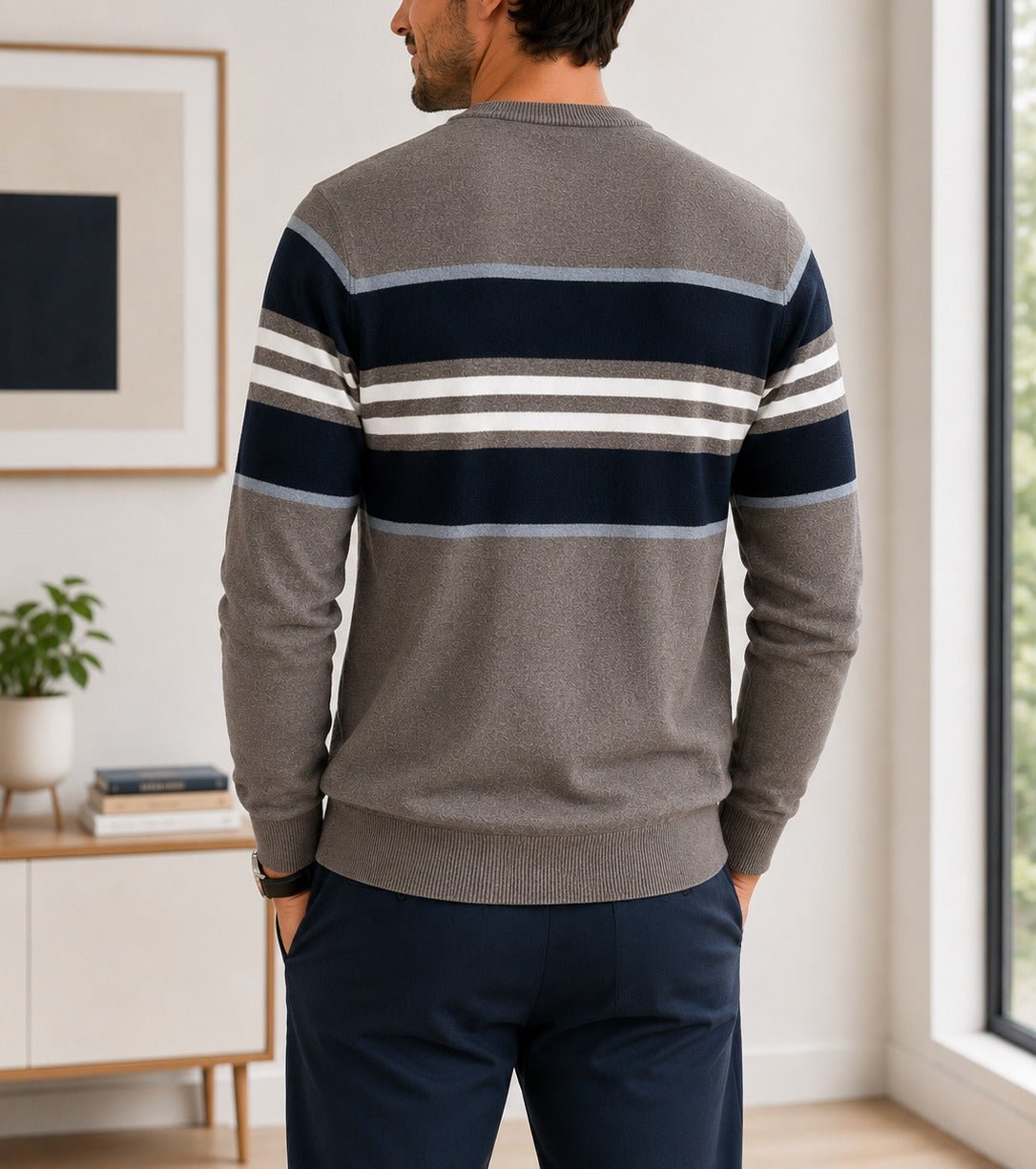 Men's Grey Navy Colour Block Stripe Knit Jersey - StylePhase SA