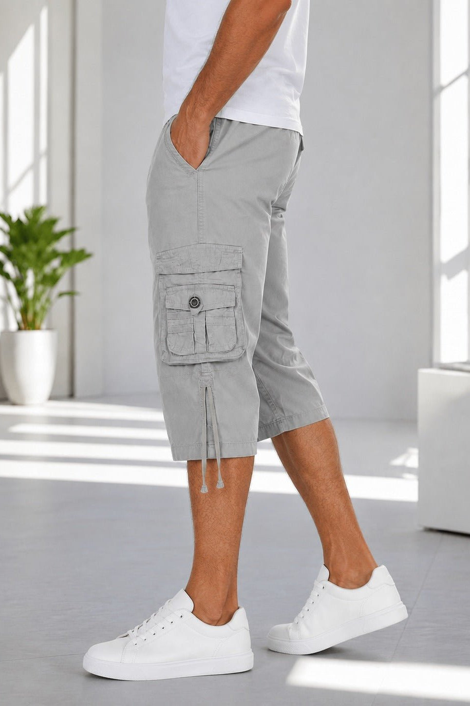 Men's Khaki Multi-Pocket 3/4 Cargo Shorts - StylePhase SA