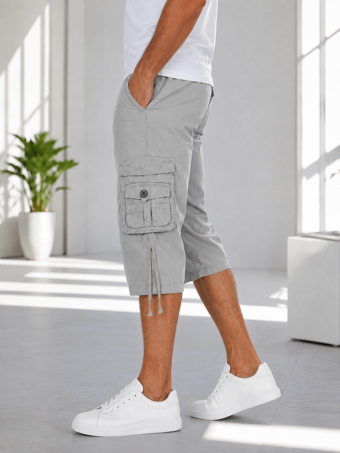 Men's Khaki Multi-Pocket 3/4 Cargo Shorts - StylePhase SA