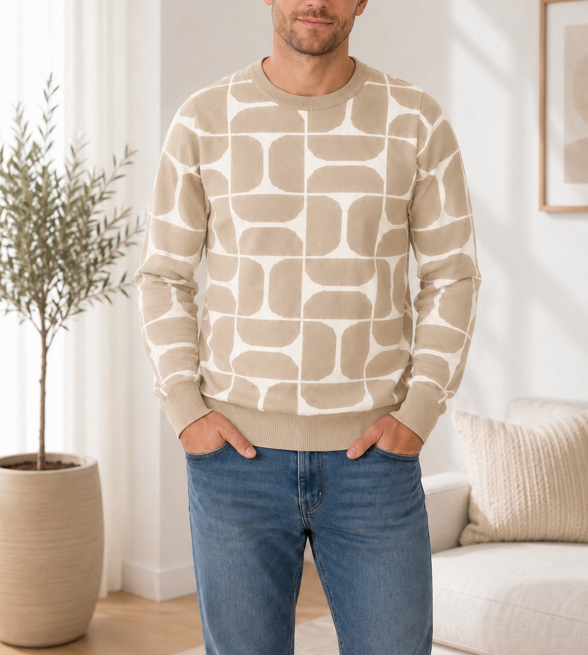 Men's Light Brown Pattern Jersey - New Feeling - StylePhase SA