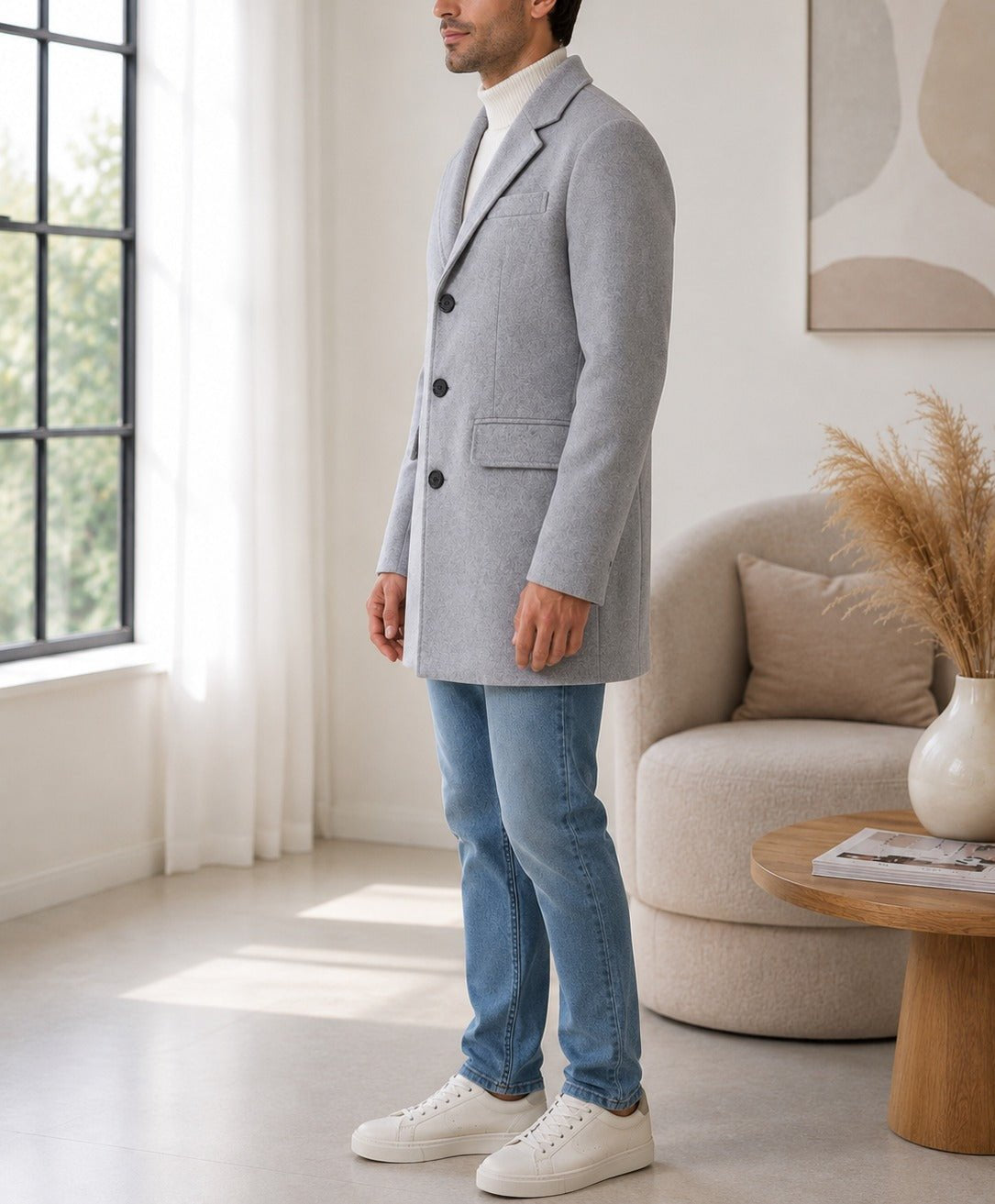 Men's Light Grey Single Breasted Coat - StylePhase SA
