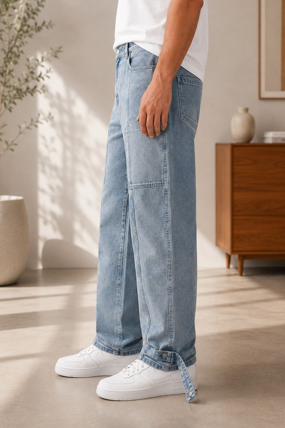 Men's Light Wash Paneled Ankle Strap Jeans - StylePhase SA