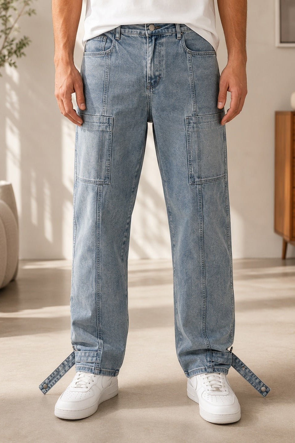 Men's Light Wash Paneled Ankle Strap Jeans - StylePhase SA