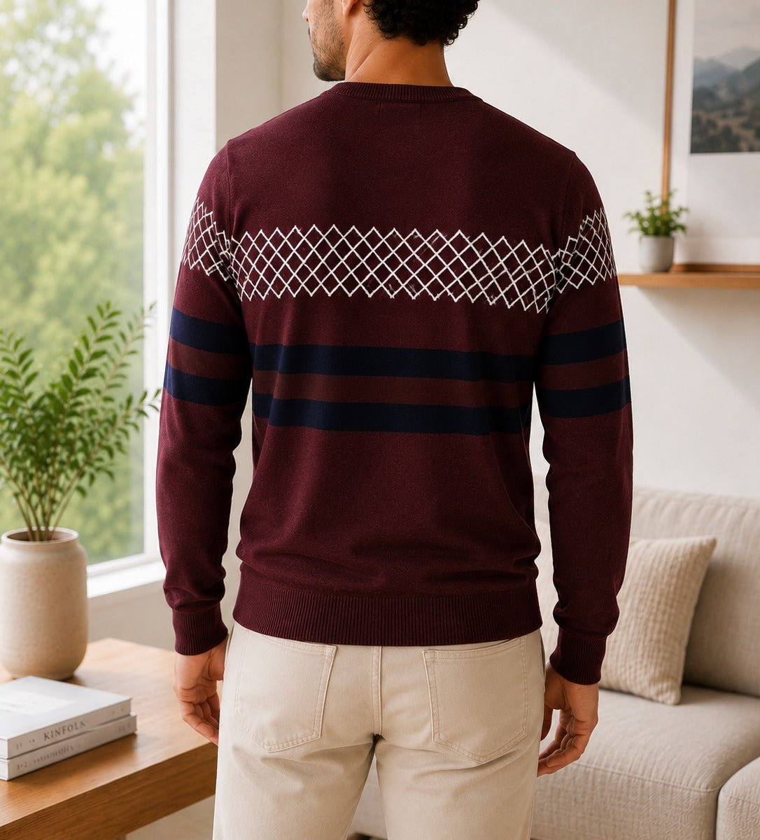 Men's Maroon Crew Neck Geometric Stripe Knit Jersey - StylePhase SA