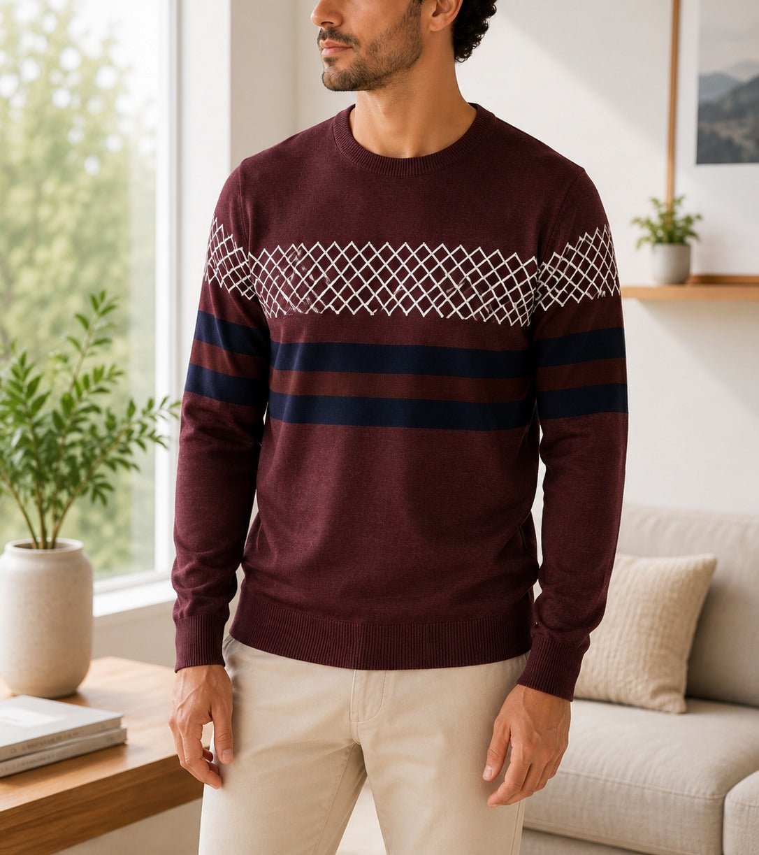 Men's Maroon Crew Neck Geometric Stripe Knit Jersey - StylePhase SA