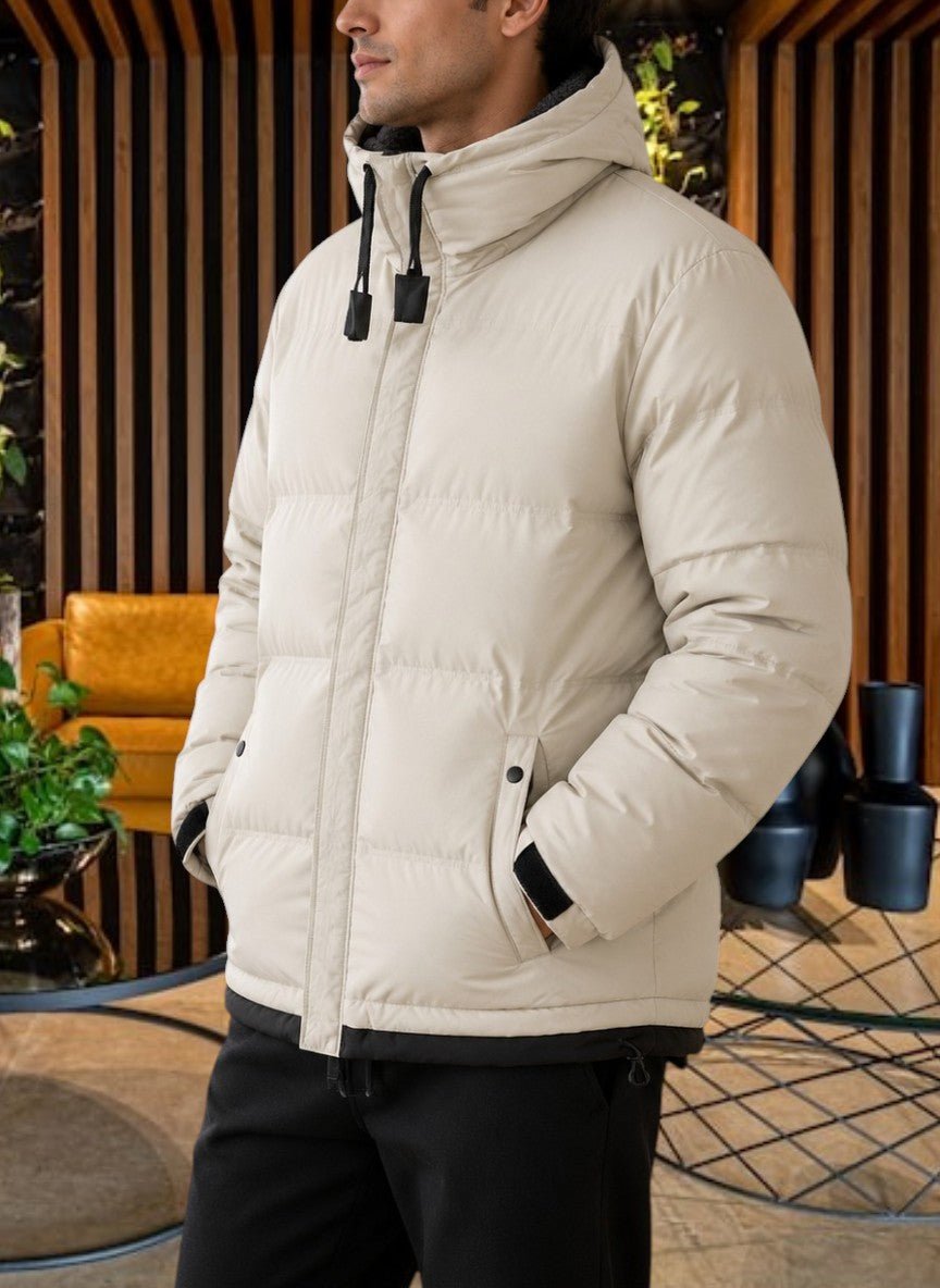 Mens Off White Neck Fleece Puffer Pocket Jacket - StylePhase SA