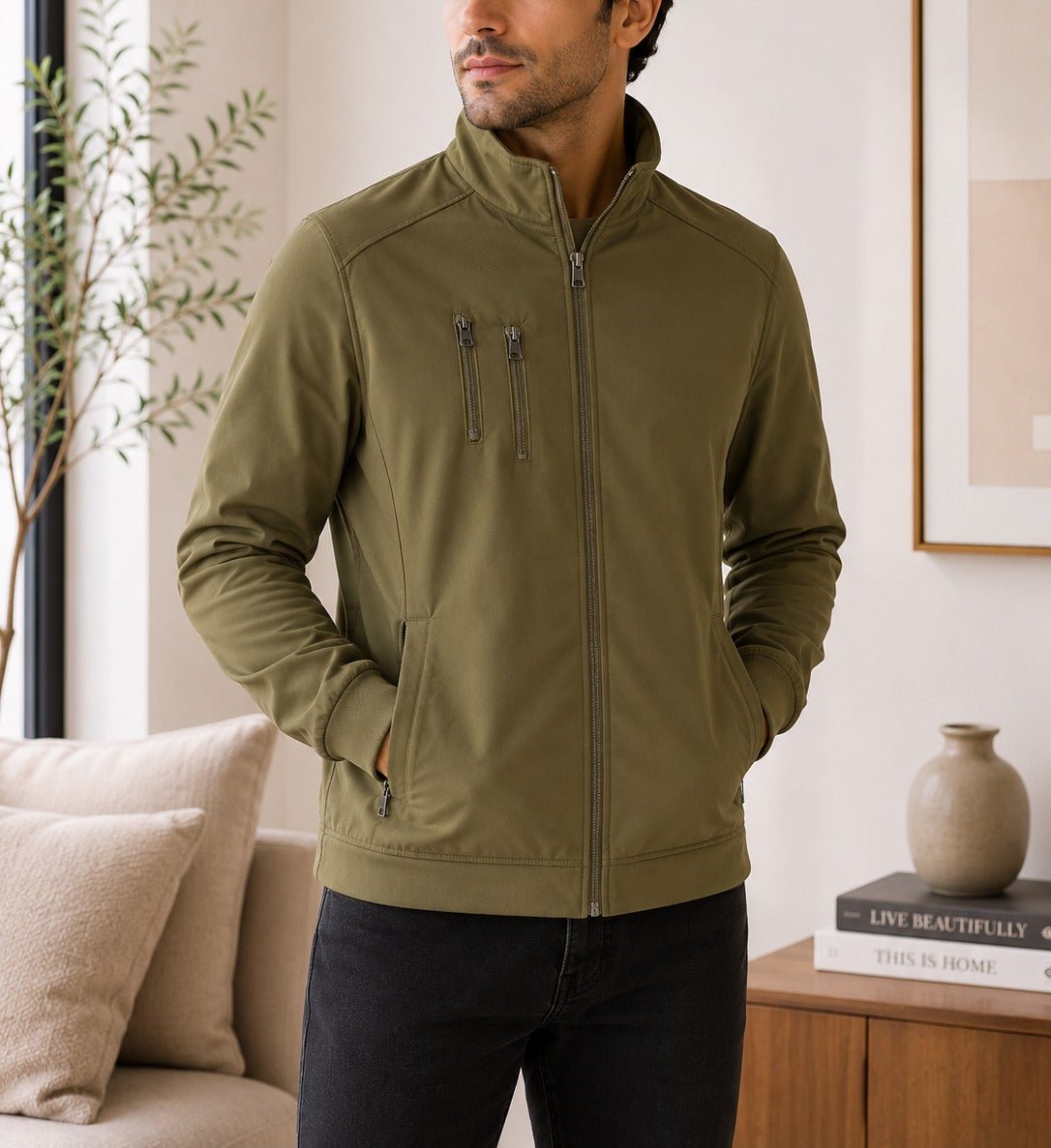 Mens Olive Fleece Double Chest Zip Jacket - StylePhase SA