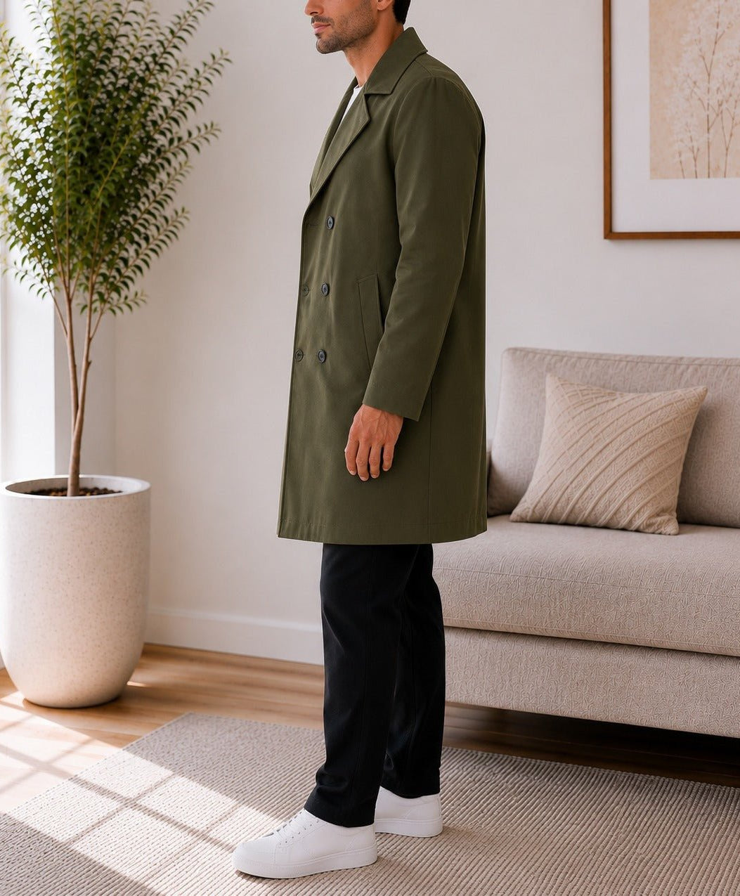 Mens Olive Green Lined Melton Coat - StylePhase SA