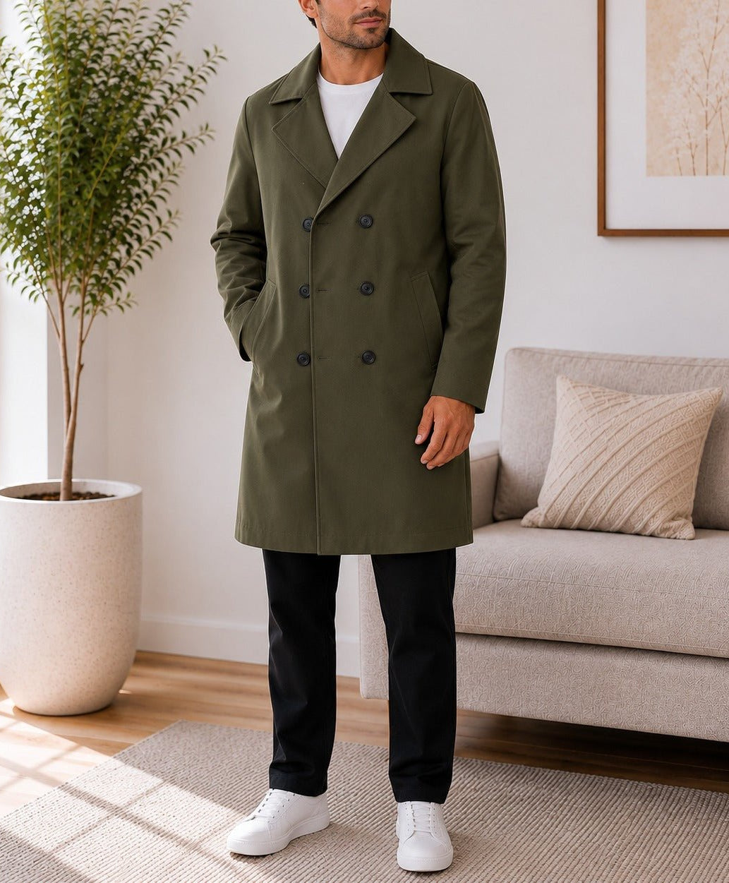 Mens Olive Green Lined Melton Coat - StylePhase SA