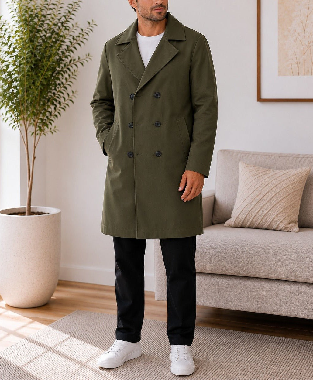 Mens Olive Green Lined Melton Coat - StylePhase SA