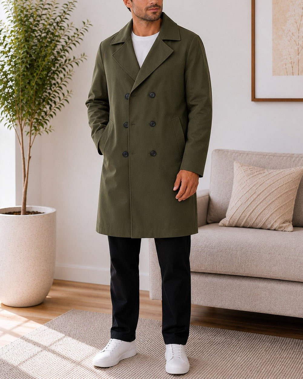 Mens Olive Green Lined Melton Coat - StylePhase SA