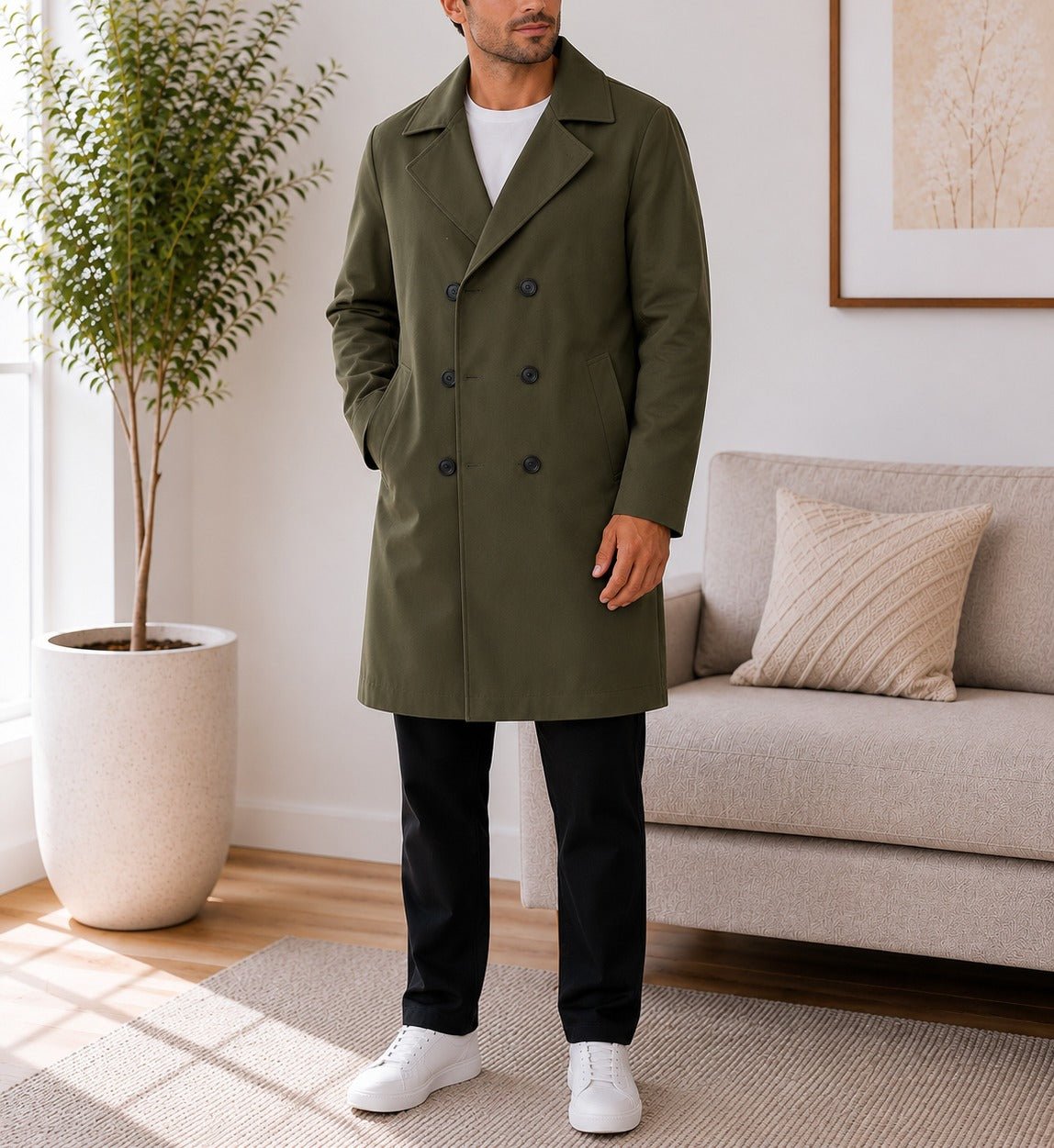 Mens Olive Green Lined Melton Coat - StylePhase SA