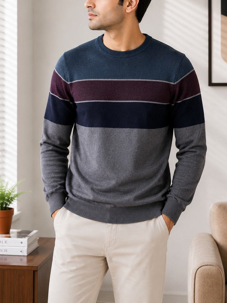 Men's Stripped Grey And Blue Knit Jersey - StylePhase SA