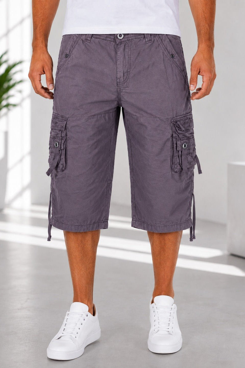 Men's Warm Grey Multi-Pocket 3/4 Cargo Shorts - StylePhase SA