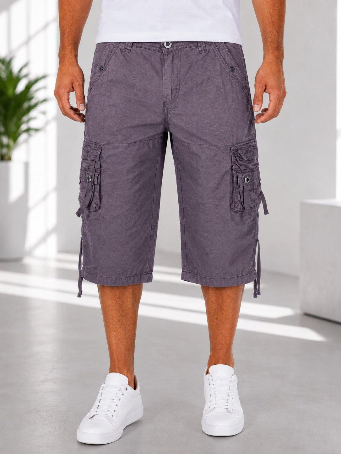 Men's Warm Grey Multi-Pocket 3/4 Cargo Shorts - StylePhase SA
