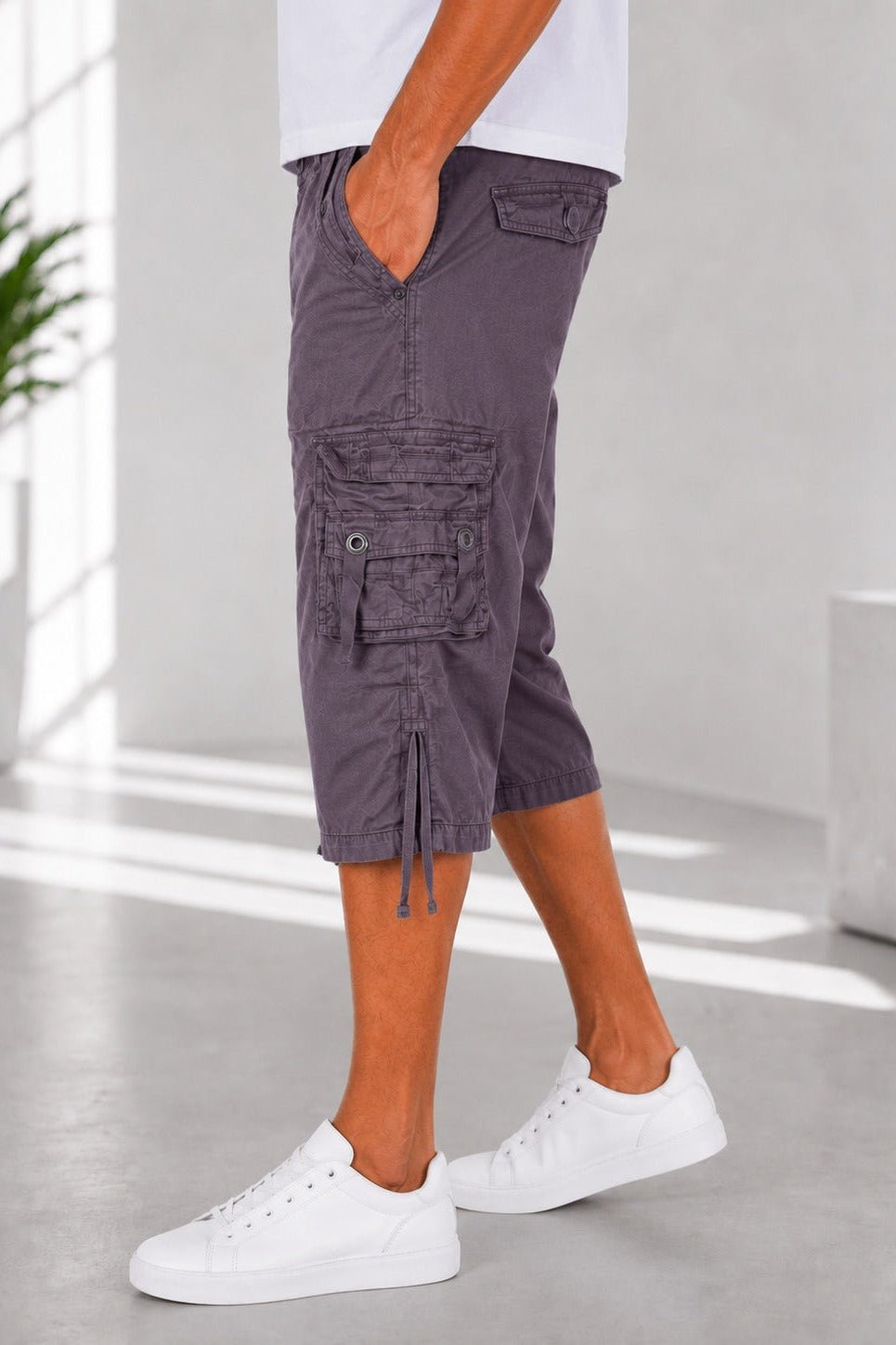 Men's Warm Grey Multi-Pocket 3/4 Cargo Shorts - StylePhase SA