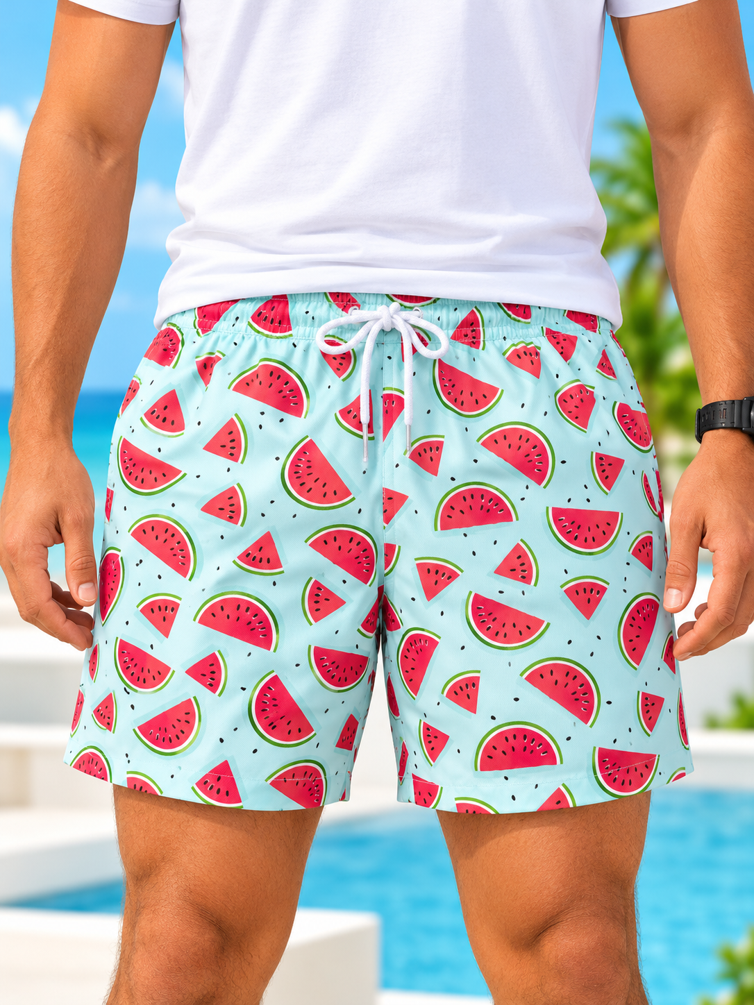 side view of men's aqua watermelon print shorts