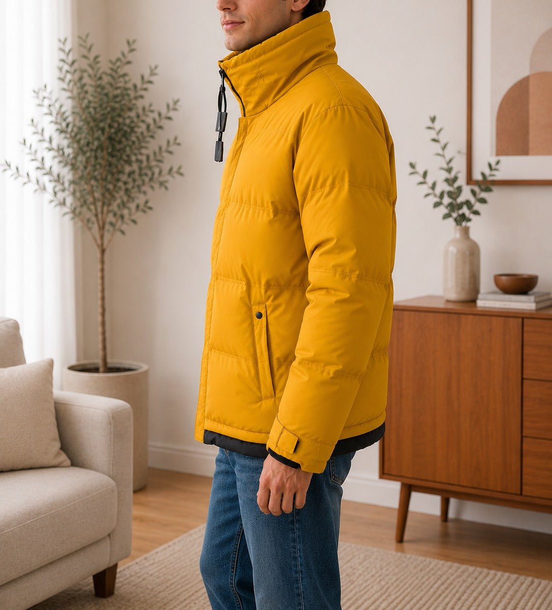 Mens Yellow Neck Fleece Puffer Pocket Jacket - StylePhase SA