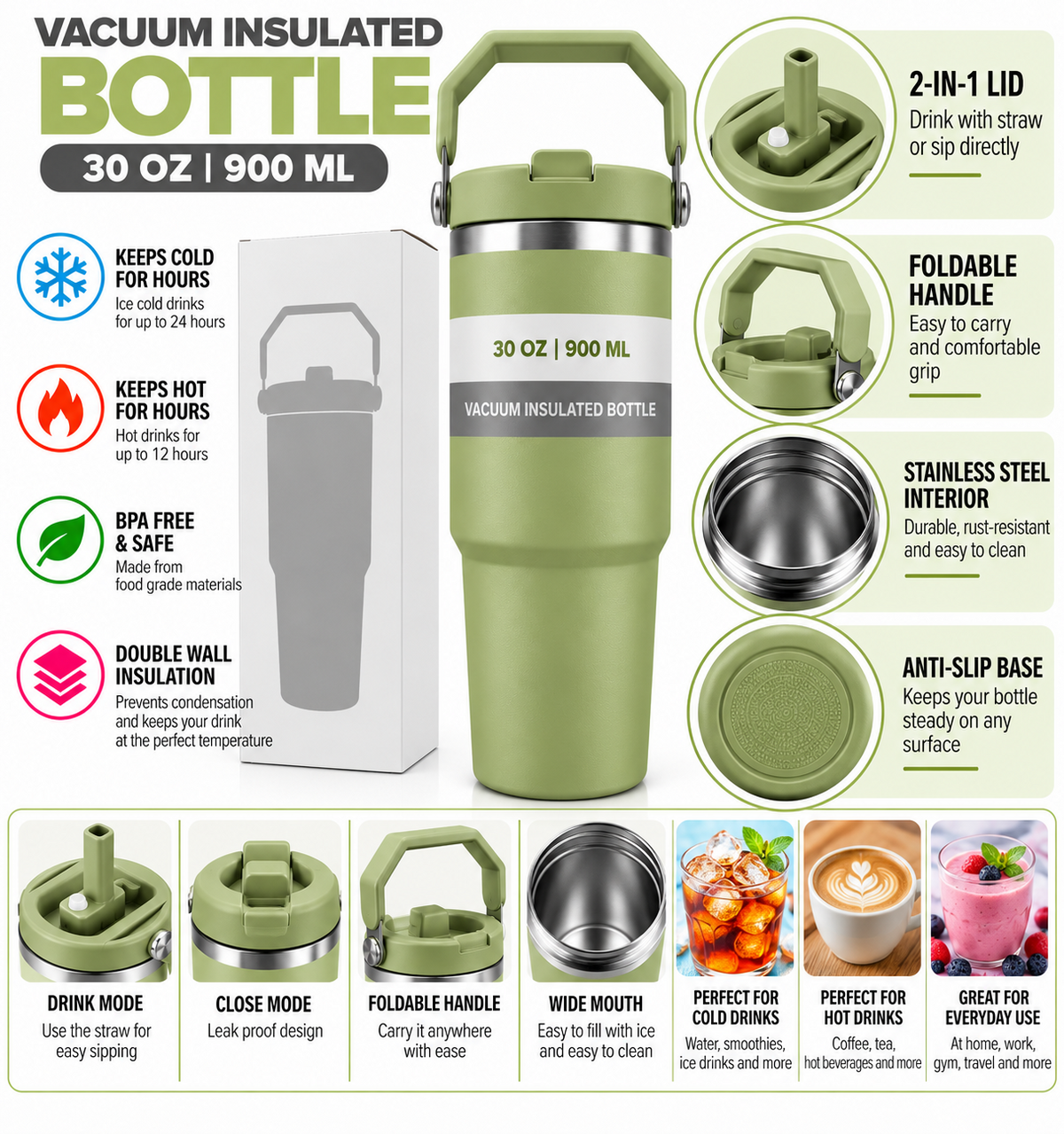 Light olive vacuum bottle features graphic - 900ml specification shown; verify before publishing