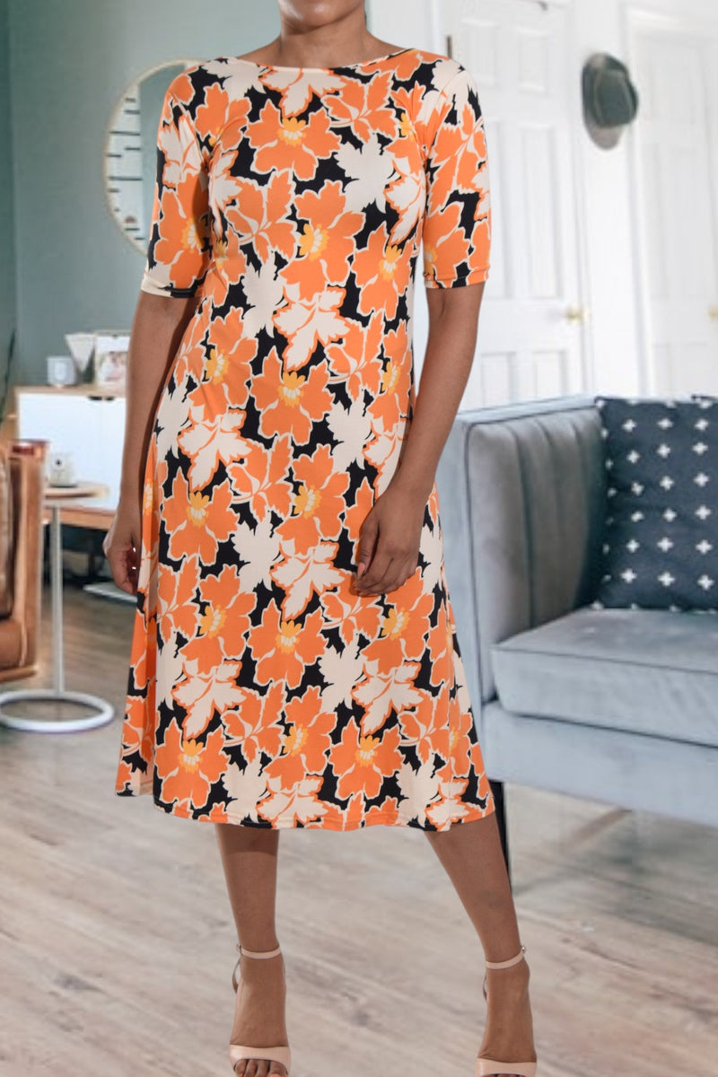 Leaf Printed Crew Neck Dress S