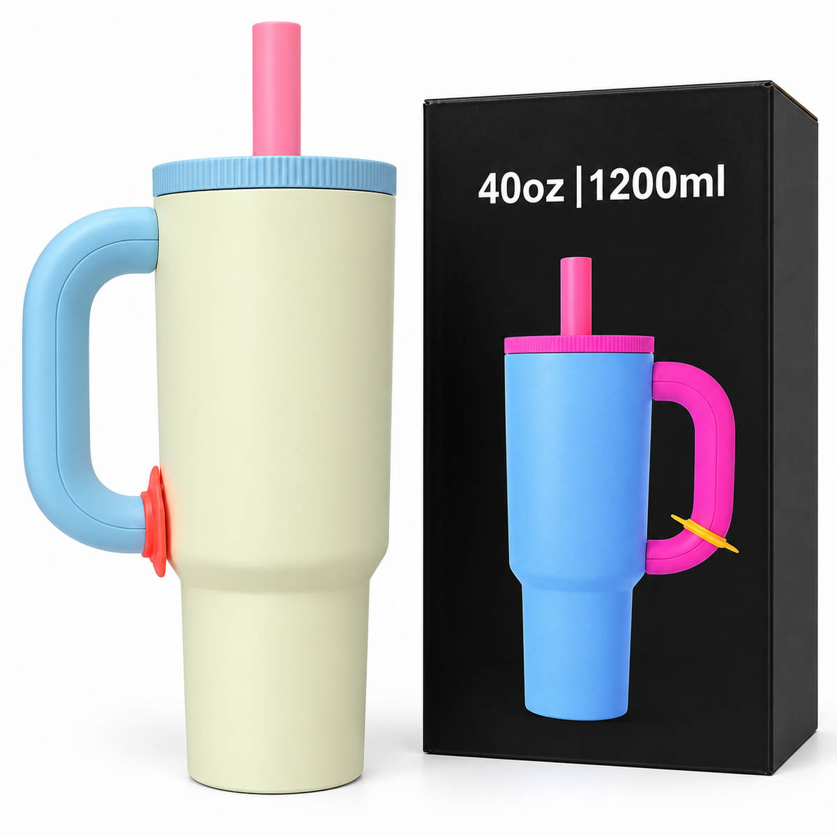 Cream 1200ml tumbler with blue handle and pink straw beside packaging