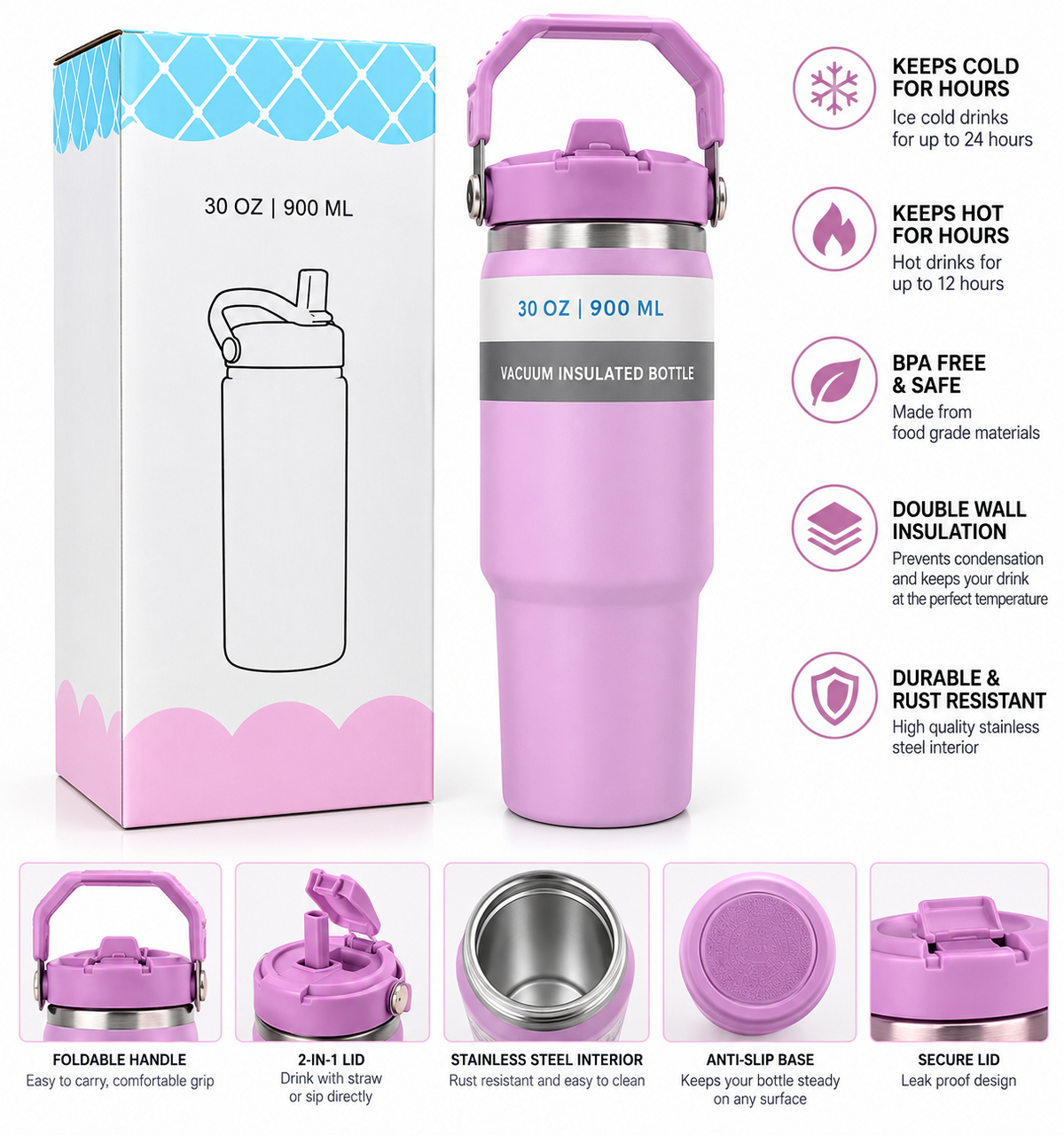 Pink 900ml vacuum insulated bottle features