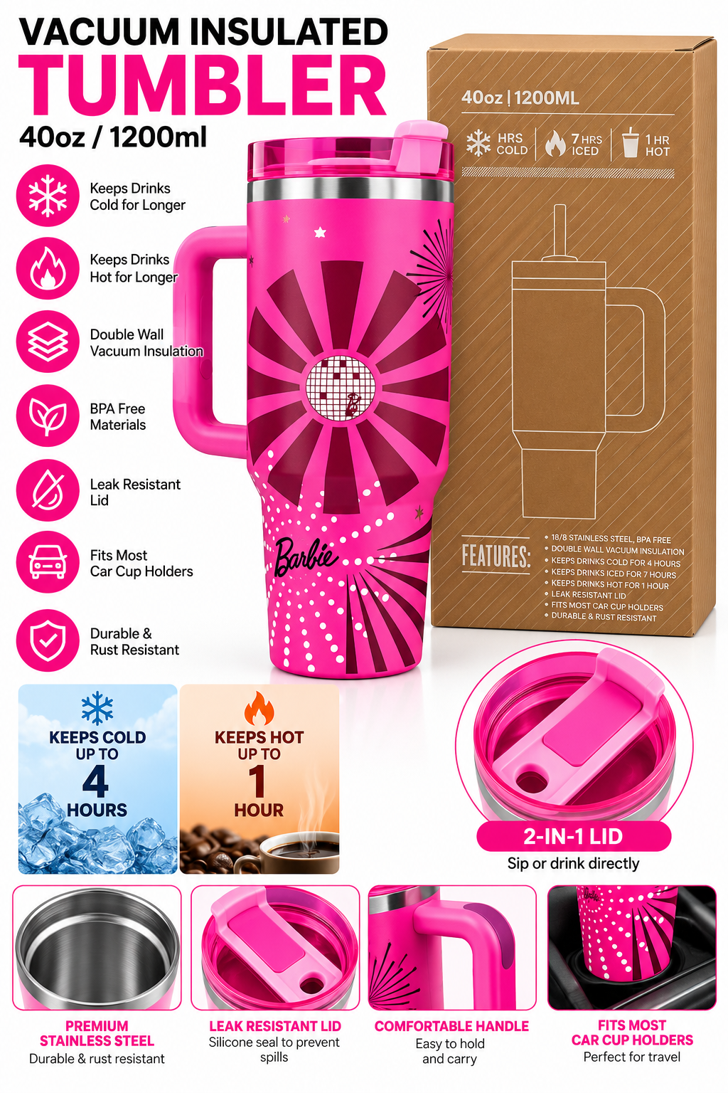 Pink Barbie print tumbler features