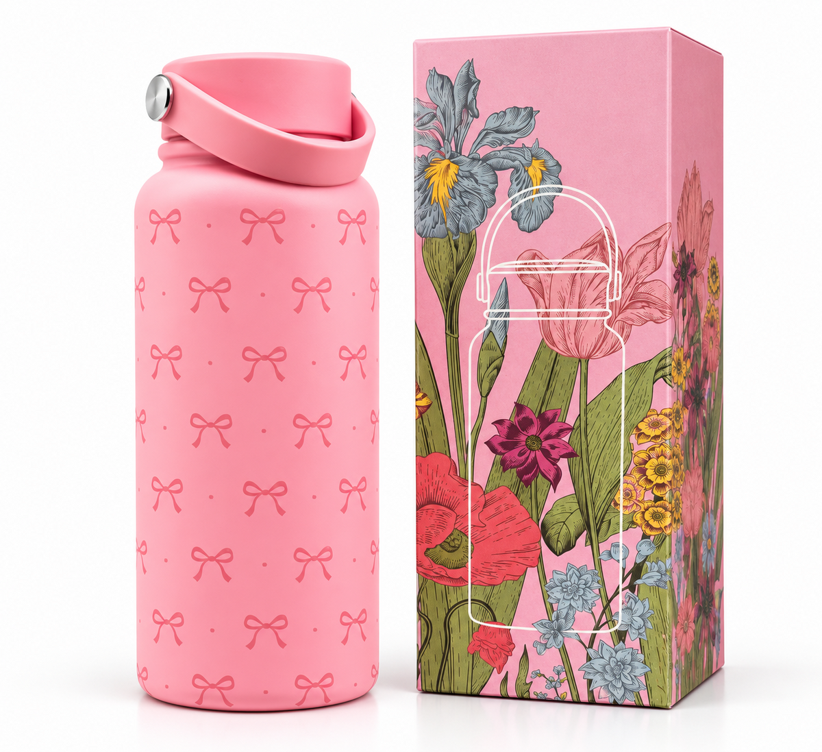 Pink bow stainless steel water bottle with floral gift box