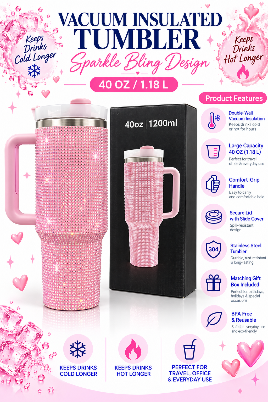 Pink sparkle bling 40 oz vacuum insulated tumbler product features