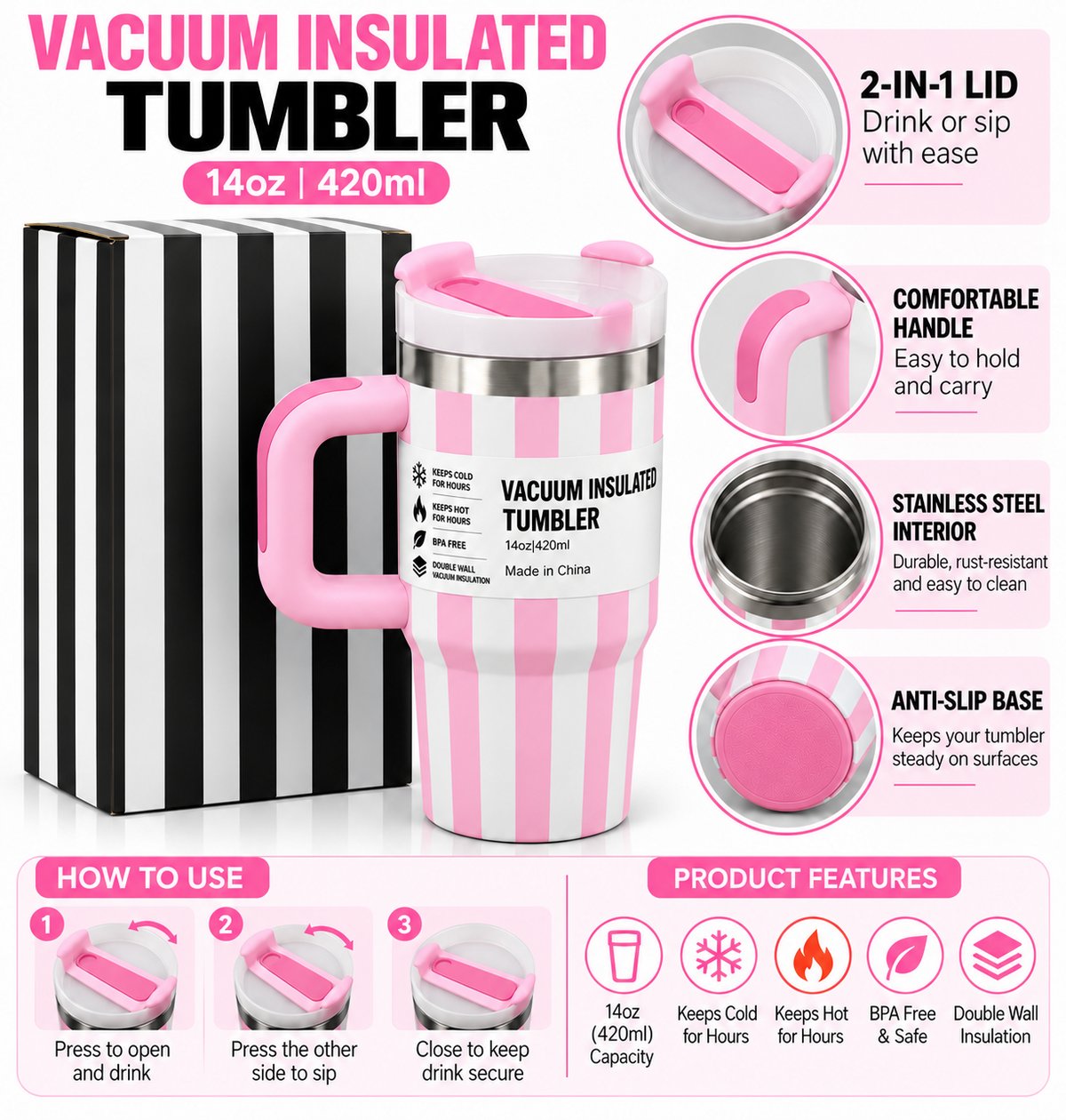 Pink striped vacuum tumbler features and lid details