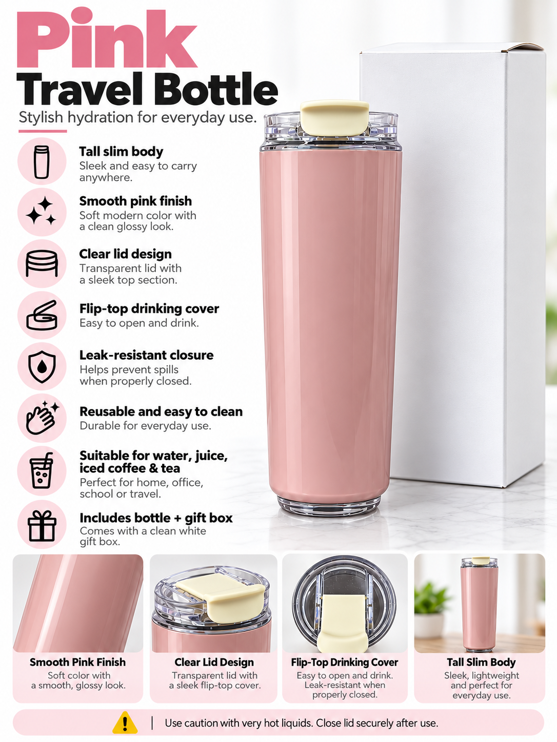 Pink travel bottle product features and details