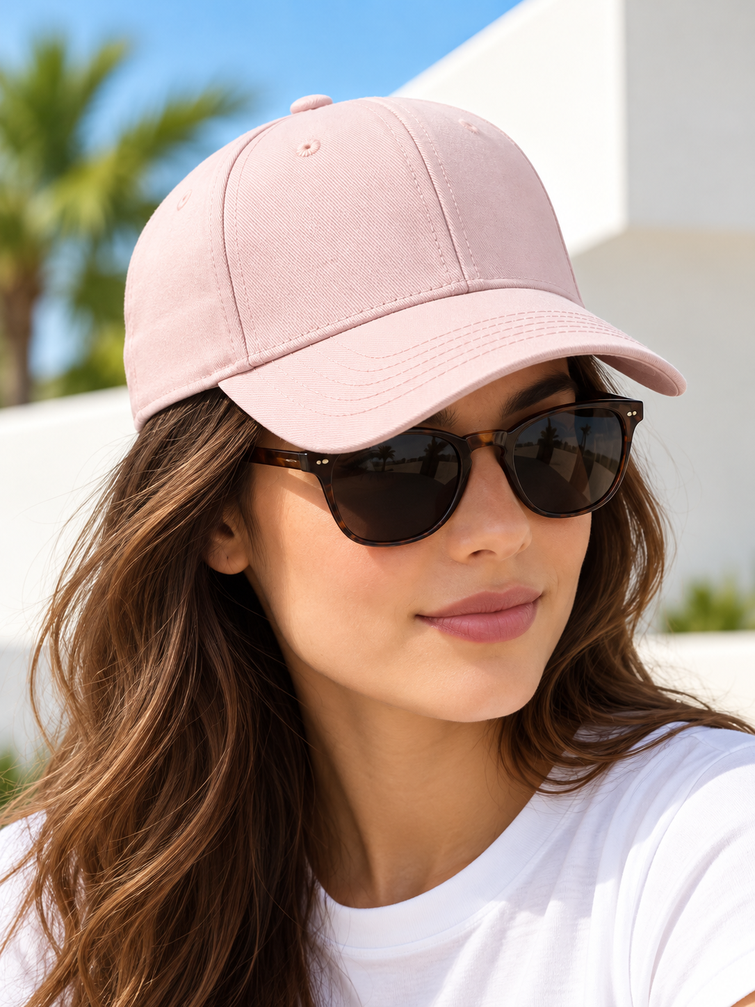 Light pink baseball cap worn by female model with sunglasses