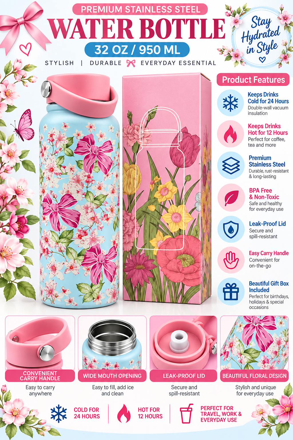 Premium stainless steel 950ml blue floral water bottle features
