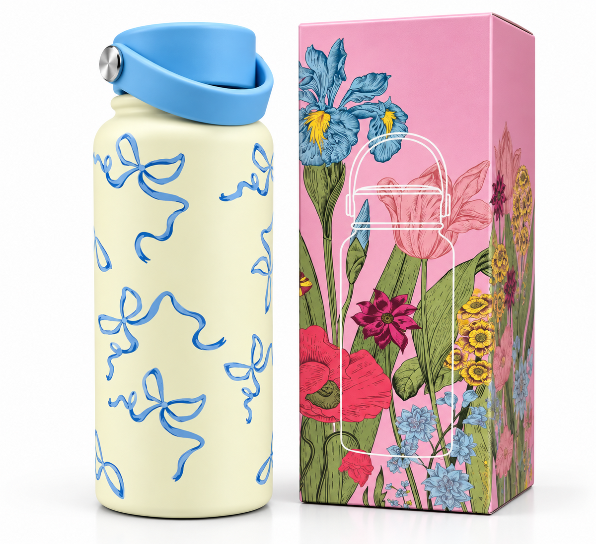 Premium stainless steel 950ml cream water bottle with blue ribbon design and blue carry handle