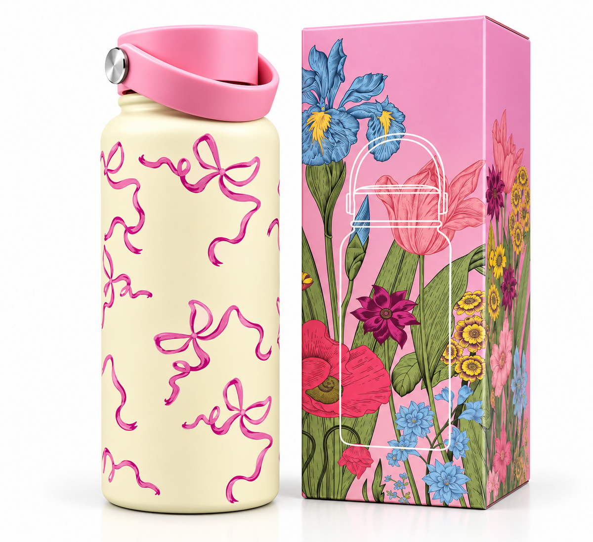 Premium stainless steel 950ml water bottle with pink handle and ribbon design