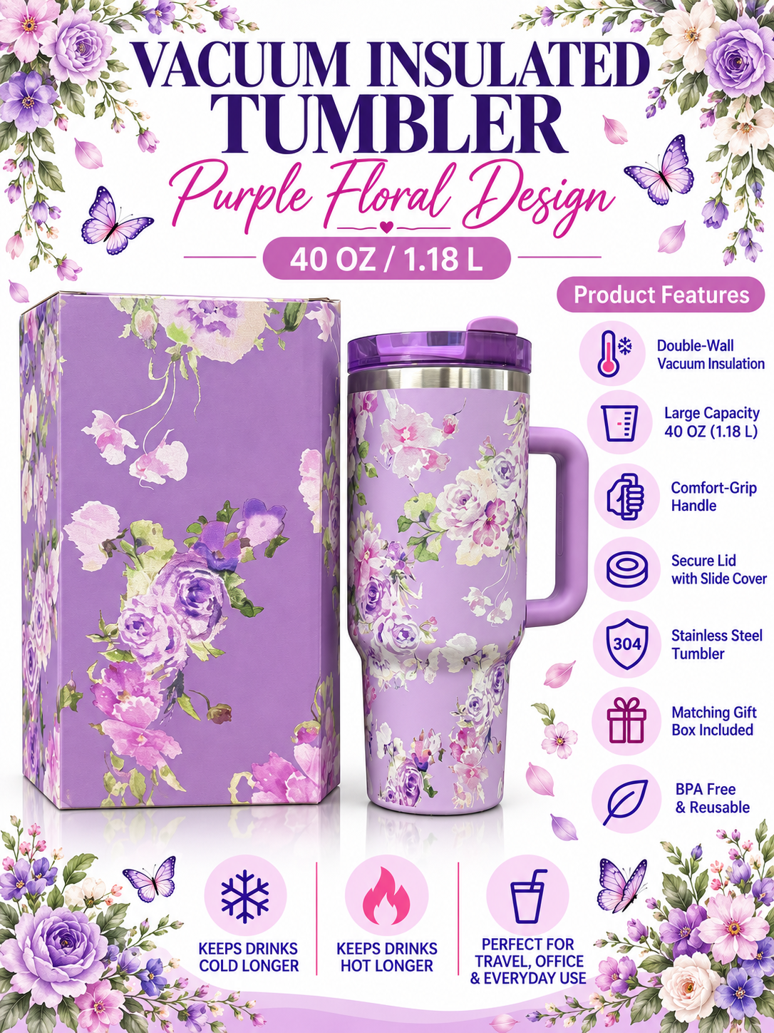 Purple floral vacuum insulated tumbler product features